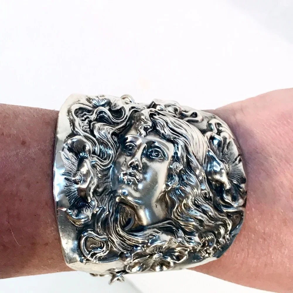 Rare Antique Goddess Sterling Silver Cuff Bracelet Victorian 925 Medusa Nouveau